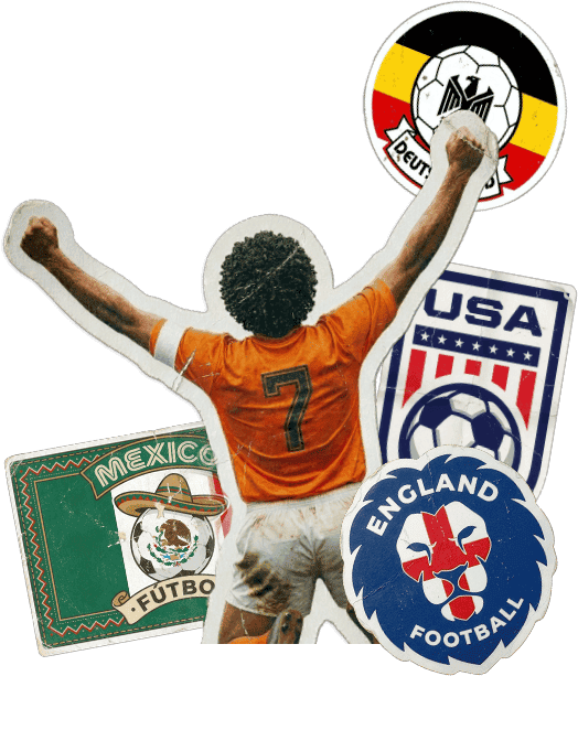 Aficionado de espaldas con camiseta naranja y escudos de selecciones de fútbol