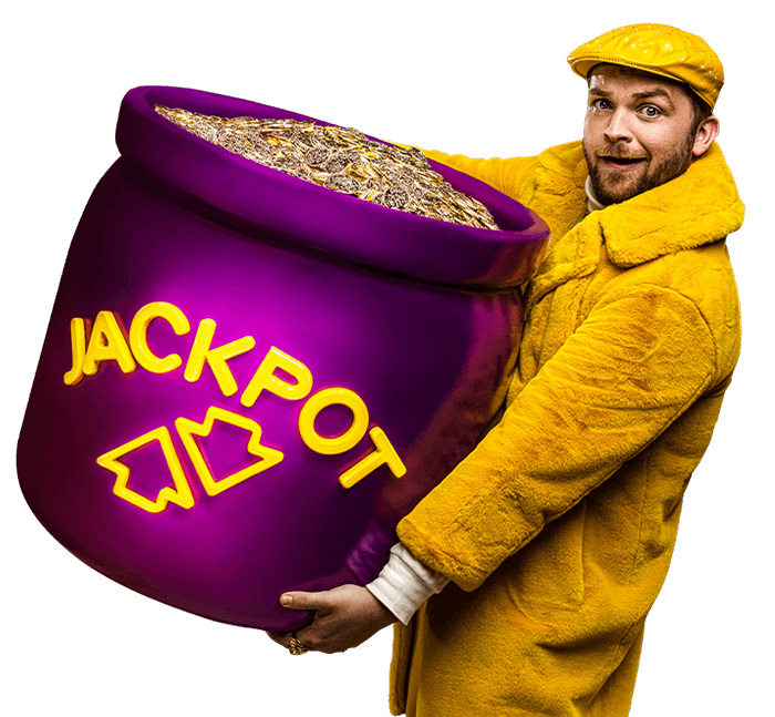 Hombre con abrigo amarillo que carga una olla morada llena de monedas con la palabra Jackpot